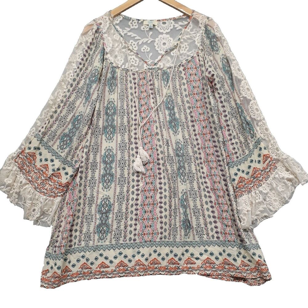 Kori America Women S Multicolor Floral Aztec Ruffled Lace Bell Sleeve Tunic Top
